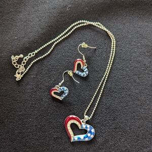 Heart Pendant and Earrings Set - Red, Blue, Silver